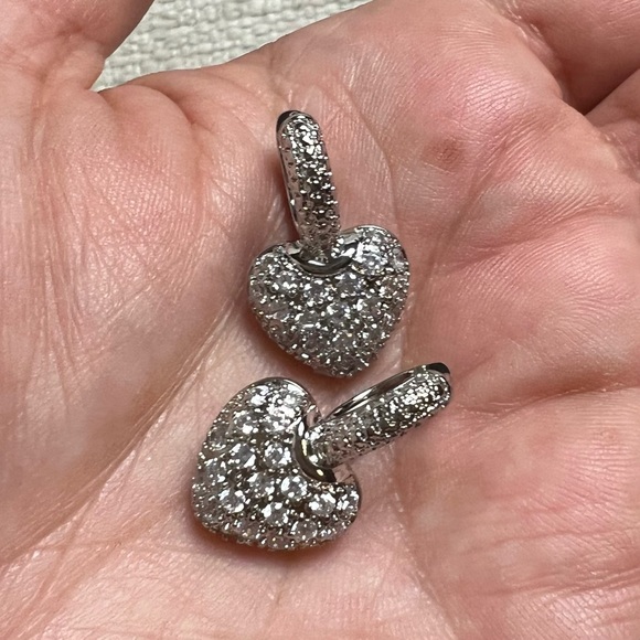 925 Sterling Silver Pave Diamond Heart Dangle Drop Huggie Hoop Earrings 26 mm - Picture 5 of 7